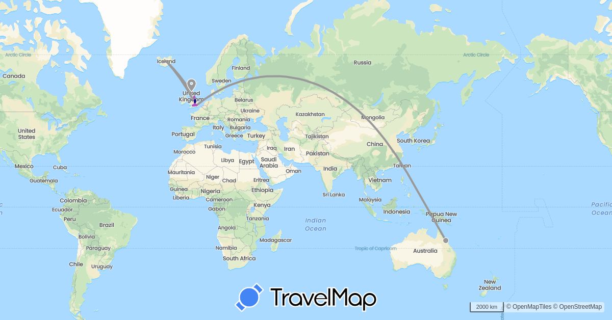 TravelMap itinerary: driving, plane, train in Australia, United Kingdom, Iceland (Europe, Oceania)